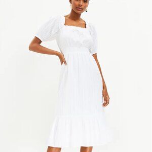 LOFT Smocked Neck Square Neck Midi Dress White 100% Cotton Size Medium